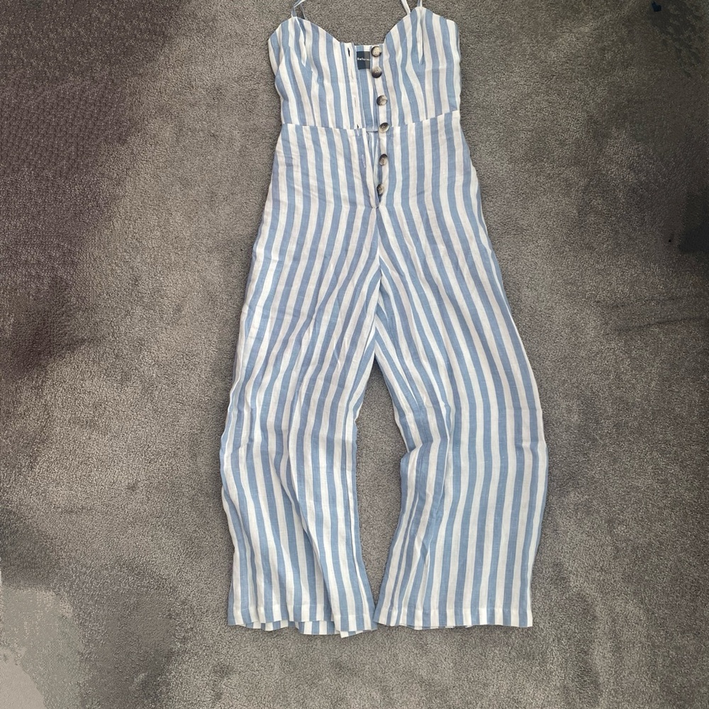 Reformation Torta Linen Blue Stripe Sleeveless Button Front Jumpsuit Size 0